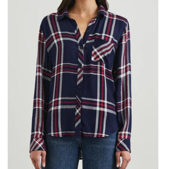 RAILS REVOLVE Kendra Flannel Long Sleeve Navy Red White Plaid Button Shirt Top S - Picture 1 of 6